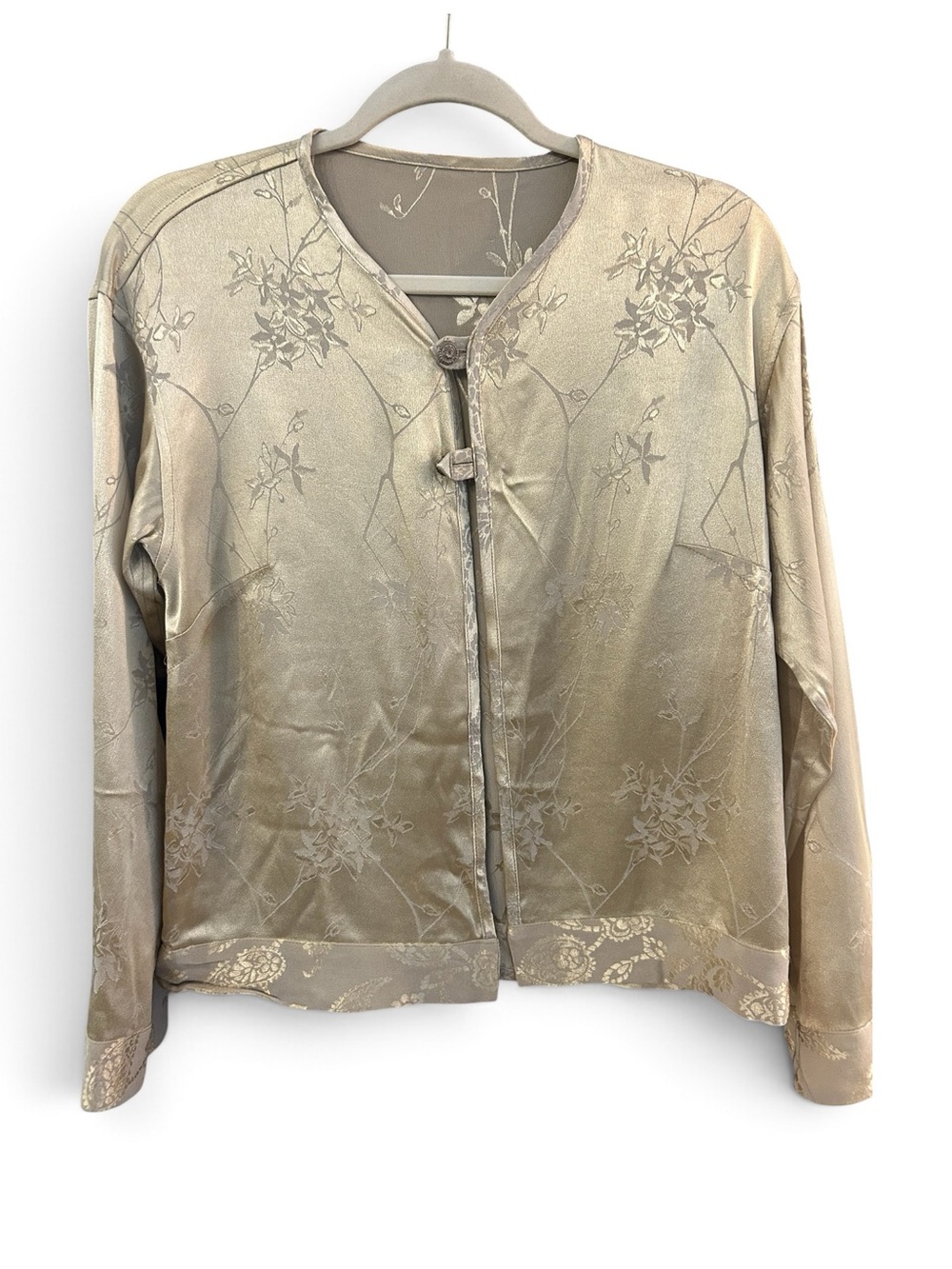 Vintage Womens’s Silk Jacquard Floral Patterns Metal Buttons Jacket - Champagne